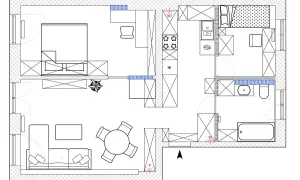 Plan architektoniczny mieszkania: salon z sofą i stołem, kuchnia, sypialnia z łóżkiem, łazienka z wanną i toaletą.