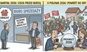 I kwartał 2026: cisza przed burzą, klient myśli "krach?", sprzedawca zniżki. II połowa 2026: powrót do gry, kredyt 2%, ceny mieszkań w górę.