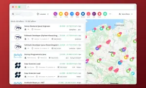Przegląd ofert pracy dla deweloperów, pokazujący zarobki od 23 520 do 32 760 PLN/h. Widoczne oferty dla Senior Backend, Fullstack, Data Scientist.