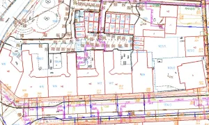 Plan mieszkania symbole: szczegółowy rysunek techniczny z podziałem na działki, budynki i oznaczeniami.