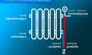 Schemat pokazuje, jak działa kaloryfer w bloku: zasilanie grzejnika (czerwona linia) i powrót (niebieska linia), zawór termostatyczny, korek odpowietrzający i zaślepiający.
