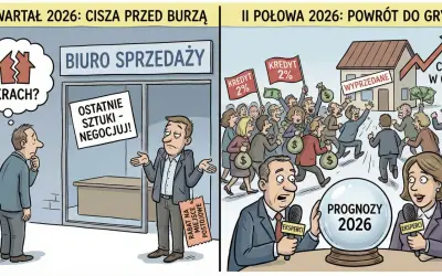I kwartał 2026: cisza przed burzą, klient myśli "krach?", sprzedawca zniżki. II połowa 2026: powrót do gry, kredyt 2%, ceny mieszkań w górę.