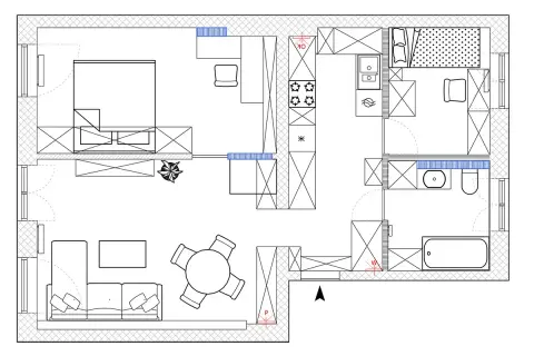 Plan architektoniczny mieszkania: salon z sofą i stołem, kuchnia, sypialnia z łóżkiem, łazienka z wanną i toaletą.