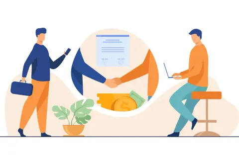 Jak sprawdzić dewelopera przed podpisaniem umowy? Ilustracja pokazuje ludzi analizujących dokumenty i transakcje finansowe, symbolizujące ostrożność przy wyborze partnera.