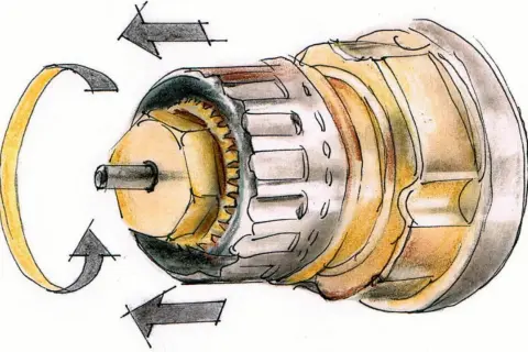 Ilustracja pokazuje mechanizm zaworu grzejnikowego, jak zakręcić grzejnik bez głowicy. Strzałki wskazują kierunek obrotu.