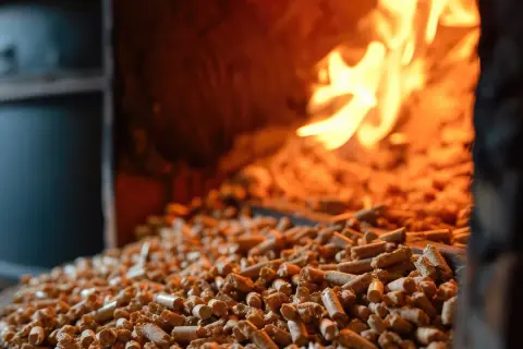 Zbliżenie na pellet w piecu, płomienie w tle. Dowiedz się, jak zlikwidować spieki w piecu na pellet.