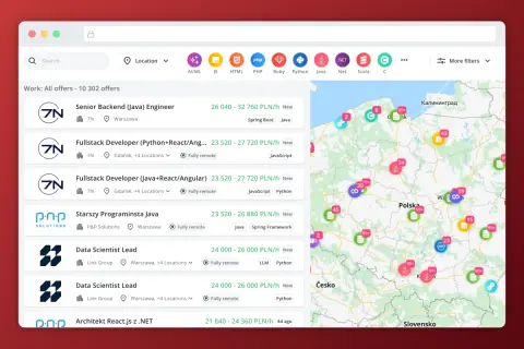 Przegląd ofert pracy dla deweloperów, pokazujący zarobki od 23 520 do 32 760 PLN/h. Widoczne oferty dla Senior Backend, Fullstack, Data Scientist.