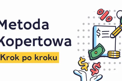 Metoda Kopertowa krok po kroku: jak oszczędzać na mieszkanie. Grafika z symbolami pieniędzy, kluczem i procentami.