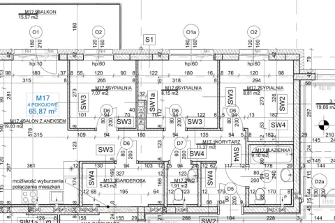 Rzut mieszkania z wymiarami: 4 pokoje, 65,87 m², salon z aneksem 19,03 m², 3 sypialnie, garderoba, łazienka, komunikacja.