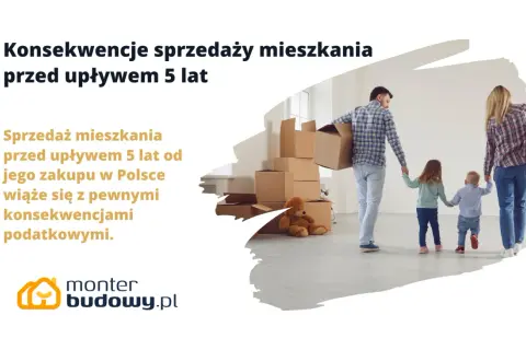 Rodzina z dziećmi przenosi kartony. Sprzedaż mieszkania z kredytem przed upływem 5 lat wiąże się z konsekwencjami podatkowymi.