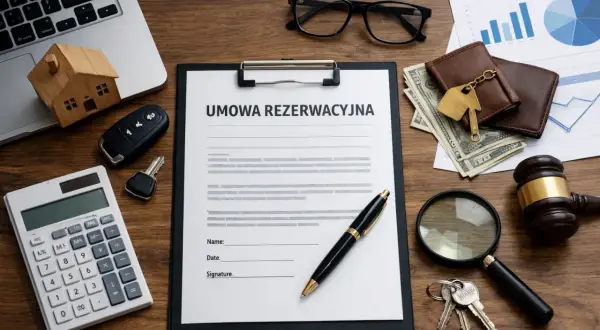 Na biurku leży umowa rezerwacyjna domu, klucze, pieniądze i młotek sędziowski.