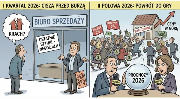 I kwartał 2026: cisza przed burzą, klient myśli "krach?", sprzedawca zniżki. II połowa 2026: powrót do gry, kredyt 2%, ceny mieszkań w górę.