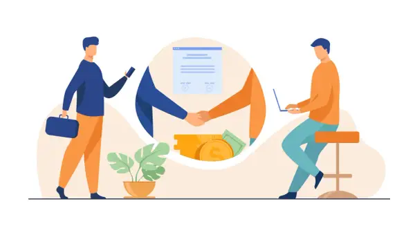 Jak sprawdzić dewelopera przed podpisaniem umowy? Ilustracja pokazuje ludzi analizujących dokumenty i transakcje finansowe, symbolizujące ostrożność przy wyborze partnera.