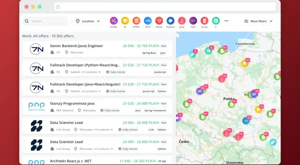 Przegląd ofert pracy dla deweloperów, pokazujący zarobki od 23 520 do 32 760 PLN/h. Widoczne oferty dla Senior Backend, Fullstack, Data Scientist.