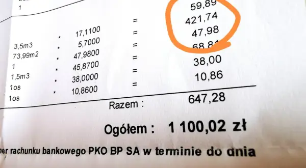 Rachunek za ogrzewanie miejskie. Wartość 421,74 zł to koszt ciepła dostarczonego do mieszkania.