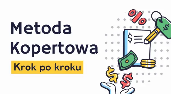 Metoda Kopertowa krok po kroku: jak oszczędzać na mieszkanie. Grafika z symbolami pieniędzy, kluczem i procentami.