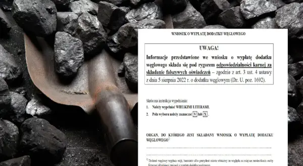 Wniosek o dodatek węglowy dla mieszkańców bloku, obok łopaty i węgla.