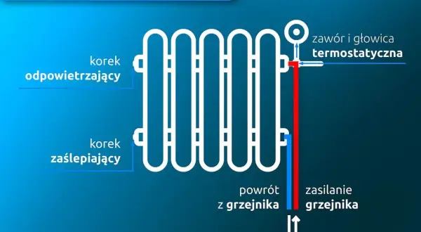 Schemat pokazuje, jak działa kaloryfer w bloku: zasilanie grzejnika (czerwona linia) i powrót (niebieska linia), zawór termostatyczny, korek odpowietrzający i zaślepiający.