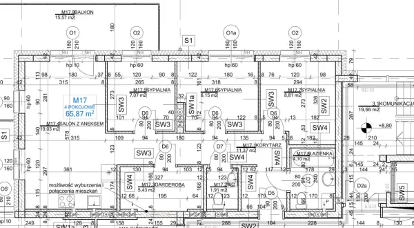 Rzut mieszkania z wymiarami: 4 pokoje, 65,87 m², salon z aneksem 19,03 m², 3 sypialnie, garderoba, łazienka, komunikacja.