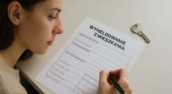 Kobieta wypełnia dokument "Wymeldowanie z mieszkania". Klucz leży obok, sugerując, czy właściciel mieszkania może kogoś wymeldować.
