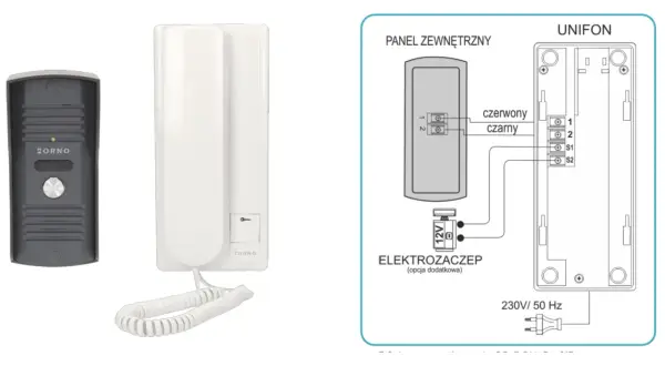 Schemat podłączenia domofonu Zorno. Dowiedz się, jak zresetować domofon, podłączając panel zewnętrzny do unifonu i zasilania.