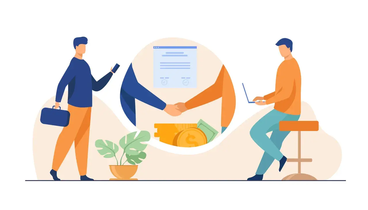 Jak sprawdzić dewelopera przed podpisaniem umowy? Ilustracja pokazuje ludzi analizujących dokumenty i transakcje finansowe, symbolizujące ostrożność przy wyborze partnera.