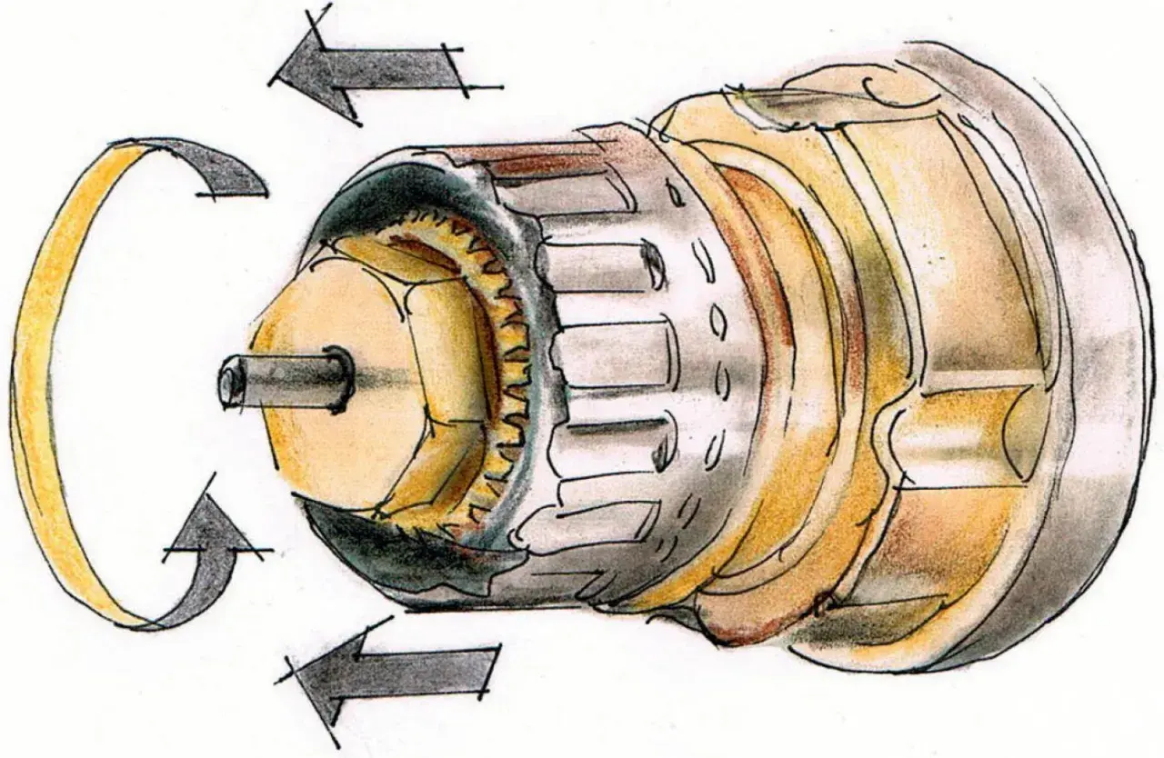 Ilustracja pokazuje mechanizm zaworu grzejnikowego, jak zakręcić grzejnik bez głowicy. Strzałki wskazują kierunek obrotu.