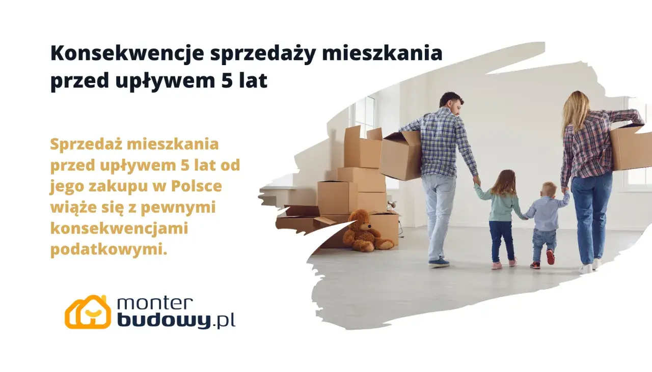 Rodzina z dziećmi przenosi kartony. Sprzedaż mieszkania z kredytem przed upływem 5 lat wiąże się z konsekwencjami podatkowymi.