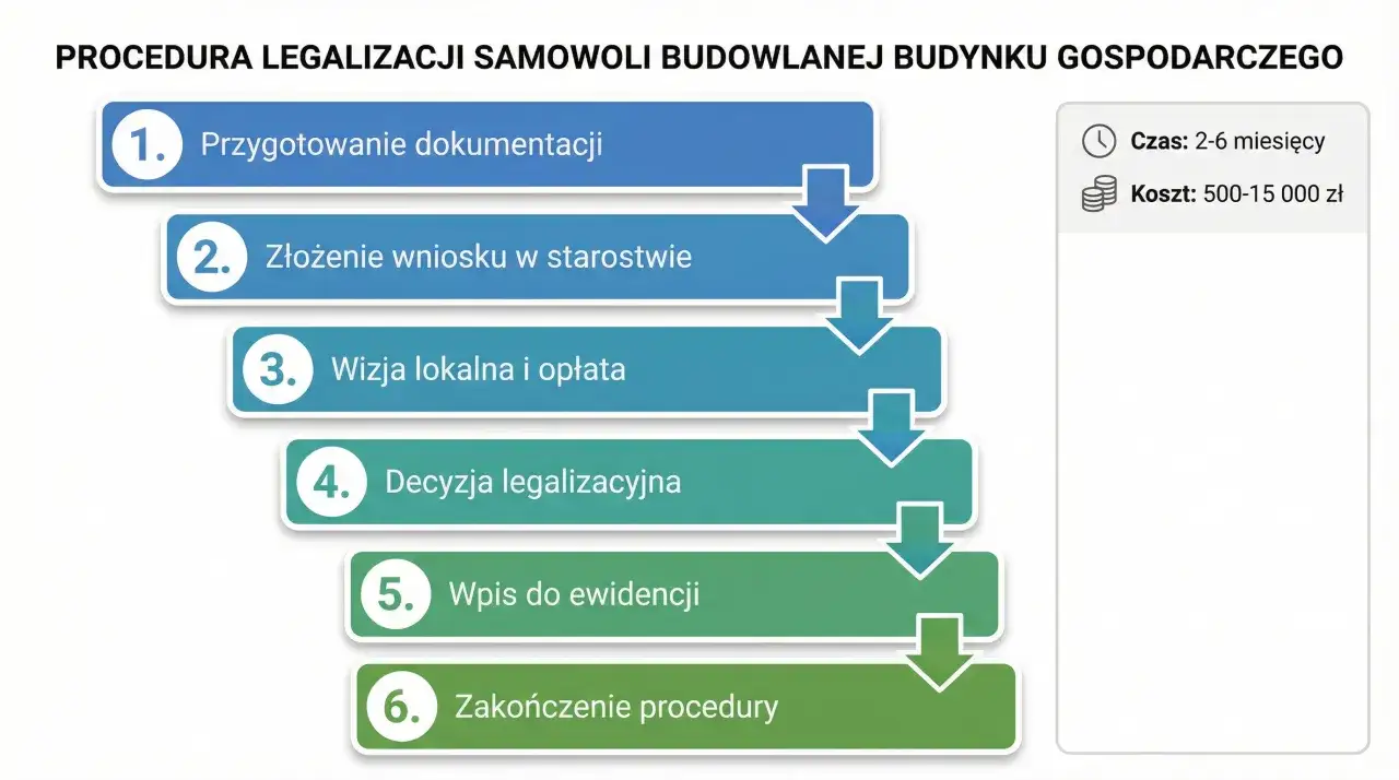 Schemat pokazuje, jak zalegalizować budynek gospodarczy: przygotowanie dokumentacji, złożenie wniosku, wizja lokalna, decyzja, wpis do ewidencji i zakończenie procedury.