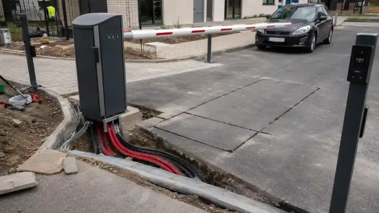 Instalacja szlabanu na osiedlu. Widoczny słup z czytnikiem, podniesiony szlaban i okablowanie w wykopie.