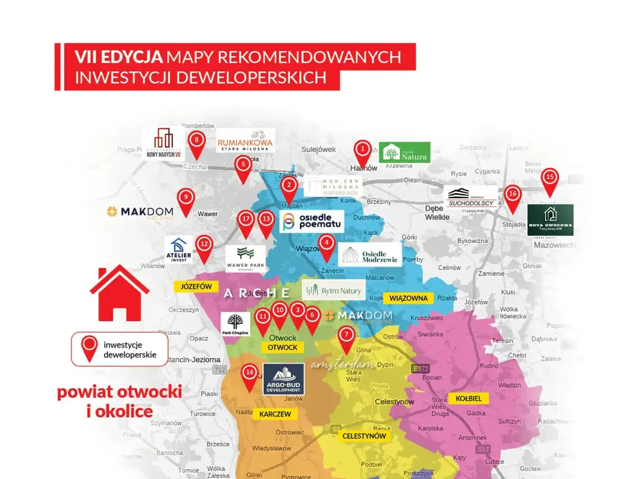 Mapa rekomendowanych inwestycji deweloperskich w powiecie otwockim i okolicach. Dowiedz się, jak zostać deweloperem, analizując lokalizacje projektów.