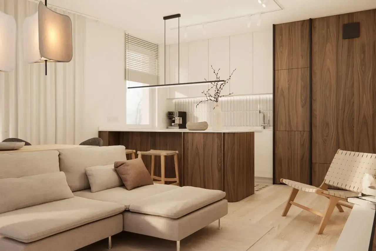 Nowoczesne wnętrza łączące drewno i biel. Wygodna sofa, minimalistyczna kuchnia i stylowe dodatki pokazują, jakie są style wnetrz.