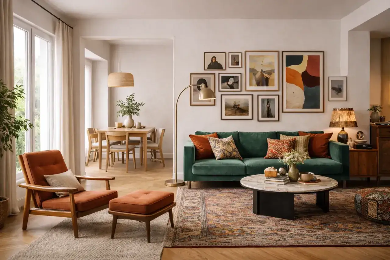 Nowoczesne i przytulne wnętrza: zielona sofa, ceglany fotel, orientalny dywan i galeria obrazów. Różne style wnętrz w jednym miejscu.