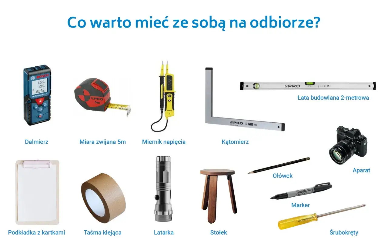 Narzędzia do odbioru technicznego mieszkania: dalmierz, miara, miernik napięcia, łata, kątomierz, aparat, podkładka, taśma, latarka, stołek, ołówek, marker, śrubokręty.