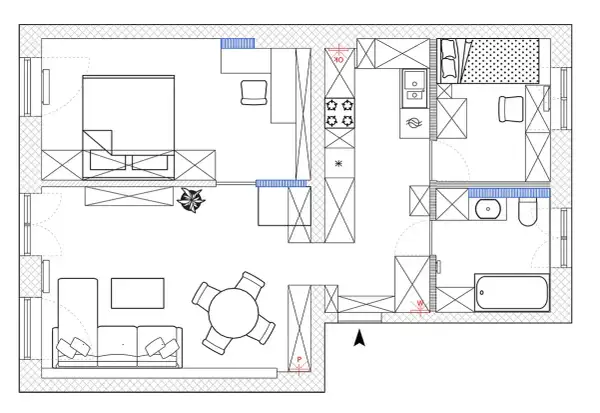 Plan architektoniczny mieszkania: salon z sofą i stołem, kuchnia, sypialnia z łóżkiem, łazienka z wanną i toaletą.