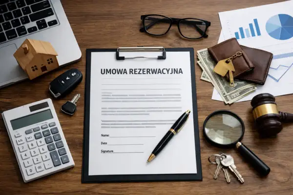 Na biurku leży umowa rezerwacyjna domu, klucze, pieniądze i młotek sędziowski.