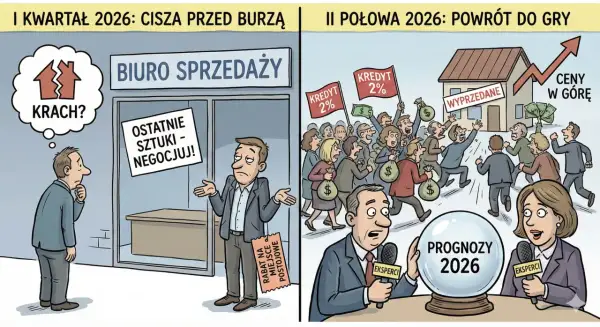 I kwartał 2026: cisza przed burzą, klient myśli "krach?", sprzedawca zniżki. II połowa 2026: powrót do gry, kredyt 2%, ceny mieszkań w górę.