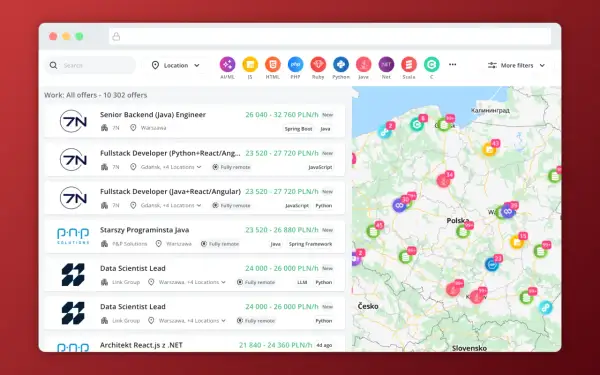 Przegląd ofert pracy dla deweloperów, pokazujący zarobki od 23 520 do 32 760 PLN/h. Widoczne oferty dla Senior Backend, Fullstack, Data Scientist.