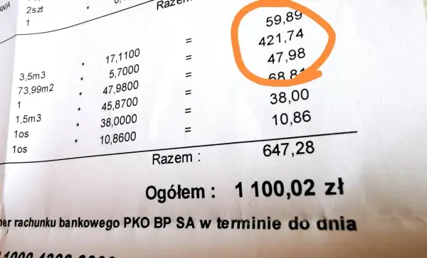 Rachunek za ogrzewanie miejskie. Wartość 421,74 zł to koszt ciepła dostarczonego do mieszkania.
