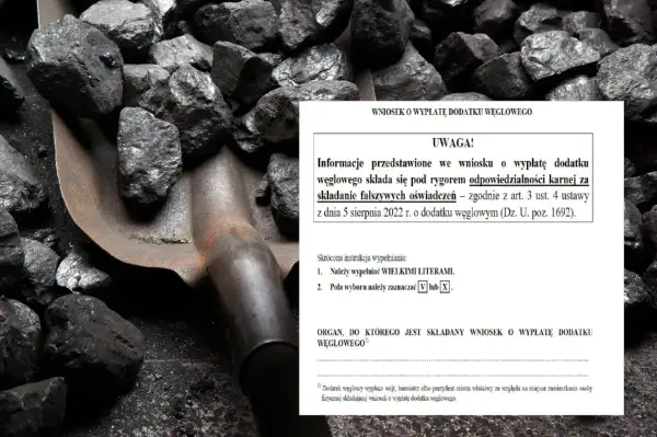 Wniosek o dodatek węglowy dla mieszkańców bloku, obok łopaty i węgla.