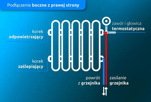 Schemat pokazuje, jak działa kaloryfer w bloku: zasilanie grzejnika (czerwona linia) i powrót (niebieska linia), zawór termostatyczny, korek odpowietrzający i zaślepiający.