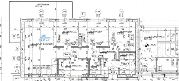 Rzut mieszkania z wymiarami: 4 pokoje, 65,87 m², salon z aneksem 19,03 m², 3 sypialnie, garderoba, łazienka, komunikacja.