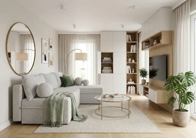Jasny salon w bloku z szarą kanapą, okrągłym stolikiem i regałami. Inspiracja, jak urządzić salon w blokach, by był przytulny i funkcjonalny.